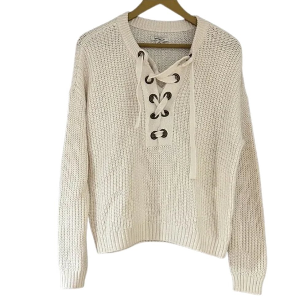 American Eagle Cream Lace-Up Sweater Knit Pullover Cozy Top